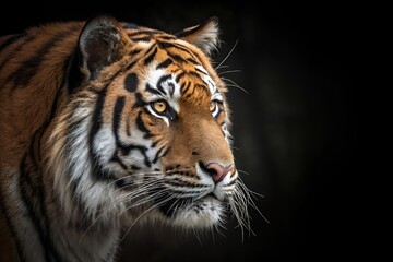 Obraz premium Majestic Tiger Face Close-Up – Intense Wildlife Portrait in Dramatic Contrast