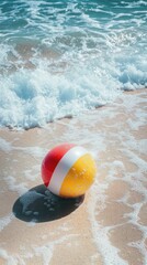 Obraz premium Vibrant beach ball resting on the sandy shore.