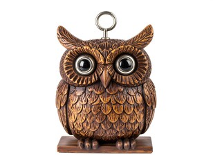 Detailed Brown Wooden Owl Figurine on White Background