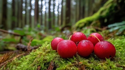 Red berries on moss in forest