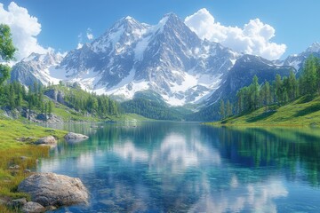 Reflective lake nestled between green hills and snow-capped, majestic mountains