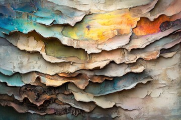 Layered abstract painting with textured surfaces and colorful hues.