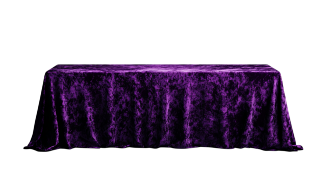 Png of A luxurious purple velvet tablecloth drapes elegantly over a long table, adding a touch of sophistication to any setting.