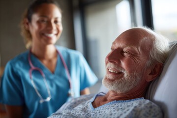 Obraz premium a kind nurse standing beside an elderly man resting in a hospital bed, both smiling warmly.