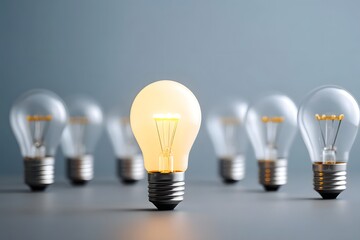 Glowing light bulb shines among dim counterparts