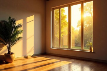 Fototapeta premium Golden hour light floods a large window, casting warm shadows , cozy, architecture, natural light