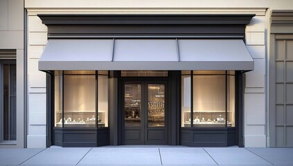 Store exterior with light walls, dark gray frames, awnings, lit display windows, and double doors.