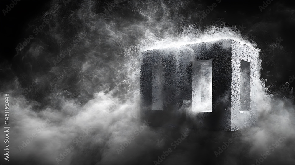 Poster abstract geometric cube enveloped in mysterious smoke creating a surreal atmospheric black and white