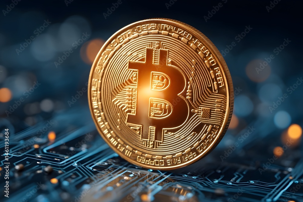 Poster glowing bitcoin cryptocurrency on abstract circuit background