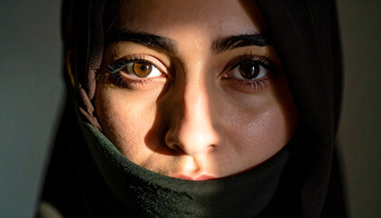 Arab culture, Turkish girl islam exuding mystery, portrait of a mysterious woman wearing a richly embroidered blue headscarf, culture, elegance, spirituality, and human emotion