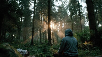 Fototapeta premium a peaceful forest at dawn, light mist weaving through tall trees, a person in a hoodie meditating, soft green tones, ethereal atmosphere