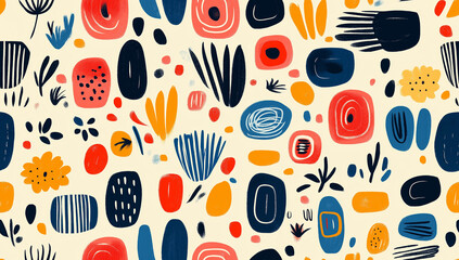 Colorful abstract pattern featuring various shapes and botanical designs on a light background