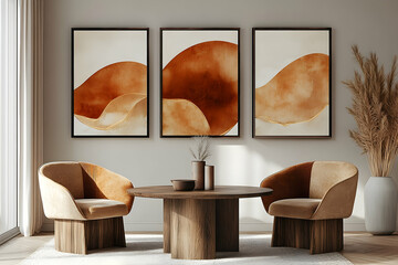 Three abstract art prints in a modern living room.