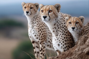 A family of cheetahs standing on top of an earthen rampart in the savannah
