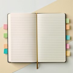 Open blank notebook mockup with colorful sticky notes on a light background