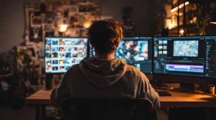 a photo of a man creating a video with ai, the picture is taken behind the man, the screen is visible