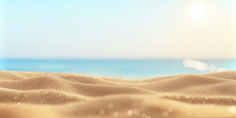 Soft golden sand stretches along the tranquil beach under a bright sunlit sky
