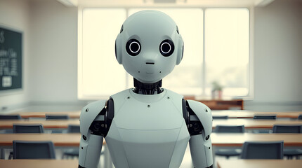 A white humanoid robot, moving within a pastel-colored classroom setting, Education with Modern Technology, Back To School, Generative Ai