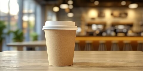  A takeaway coffee cup on a wooden table in a blurred cafe interior.