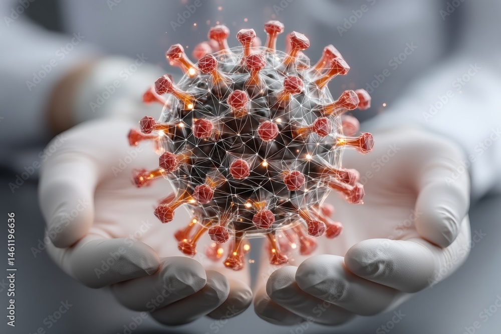 Poster hands holding a 3d representation of a virus model.