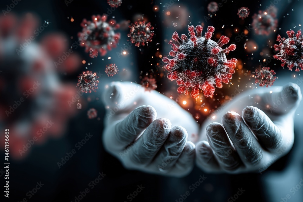 Poster hands holding a visual representation of a virus in a dark setting.