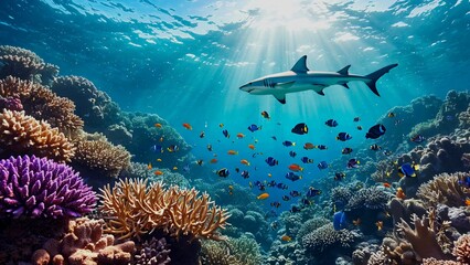 Fototapeta premium Sunbeams filtering through crystal-clear ocean water illuminating a vibrant coral reef teeming with colorful fish, while a shark gracefully swims above