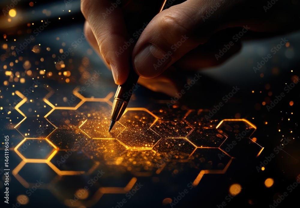 Poster hand drawing glowing hexagonal pattern with stylus on dark surface