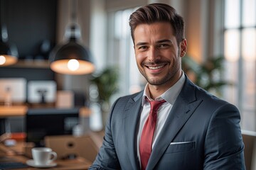 Fototapeta premium Confident Male Entrepreneur Wearing Business Suit Smiling in Professional Studio Environment
