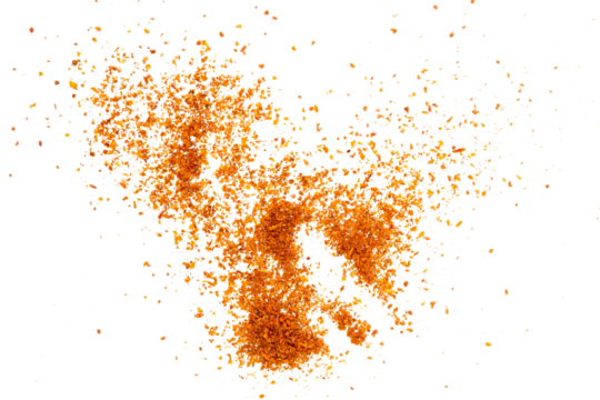 hot red chili powder on white background isolated. shot with high angle view