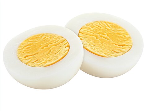 Two halved hard-boiled eggs.  Yellow yolk visible inside the white egg - Powered by Adobe