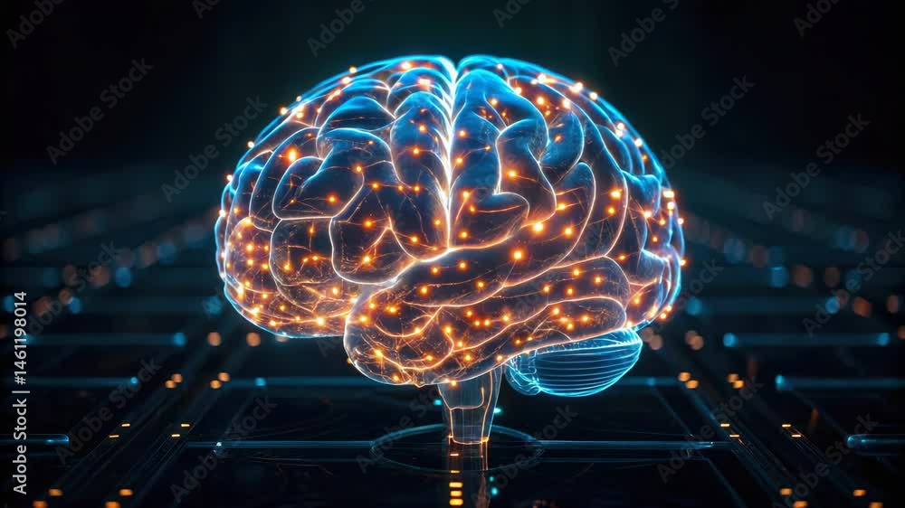 Poster a digital representation of a glowing brain, showcasing intricate neural connections and a futuristi