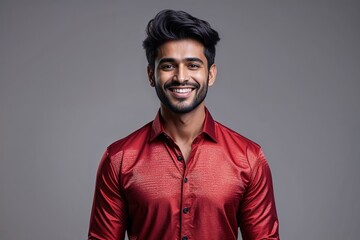 Fototapeta premium Cheerful Young Indian Man in Stylish Red Shirt Posing Against Grey Background