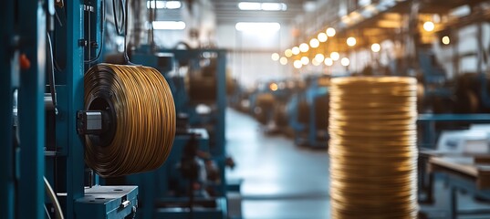 A coiling machine on the left, blurry stacks of wiring in background, right for copy 