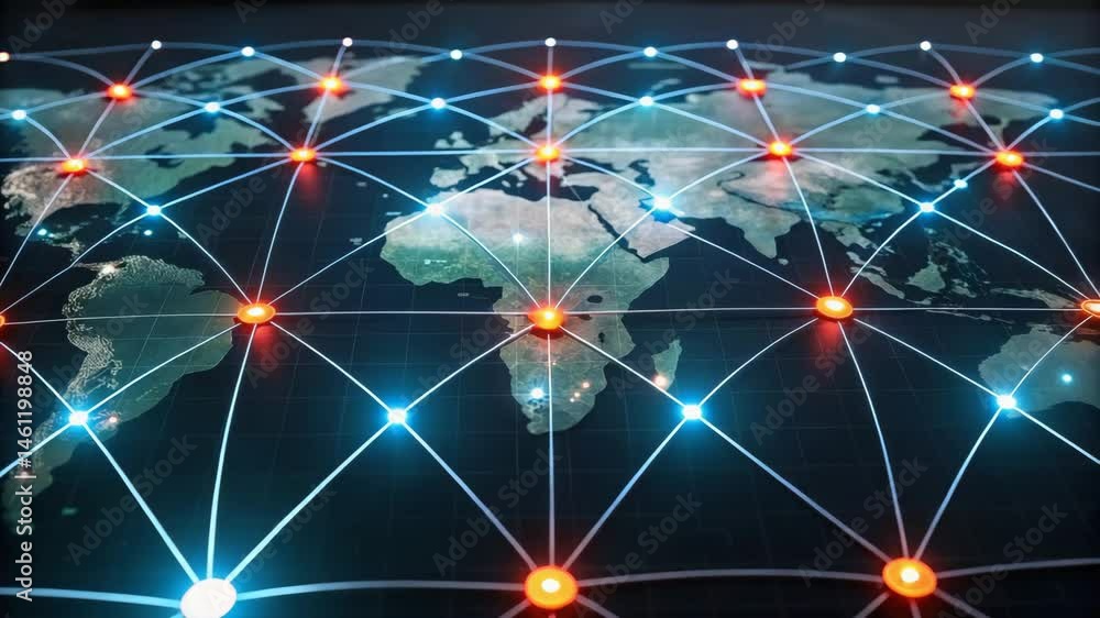 Poster a digital map displaying a network of connected points overlaid on a world map, representing global 