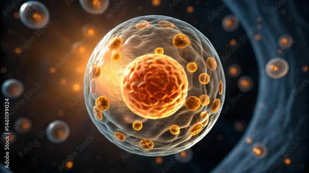 Poster cell metabolism, a detailed visualization of a cell with a prominent nucleus, surrounded by other ce