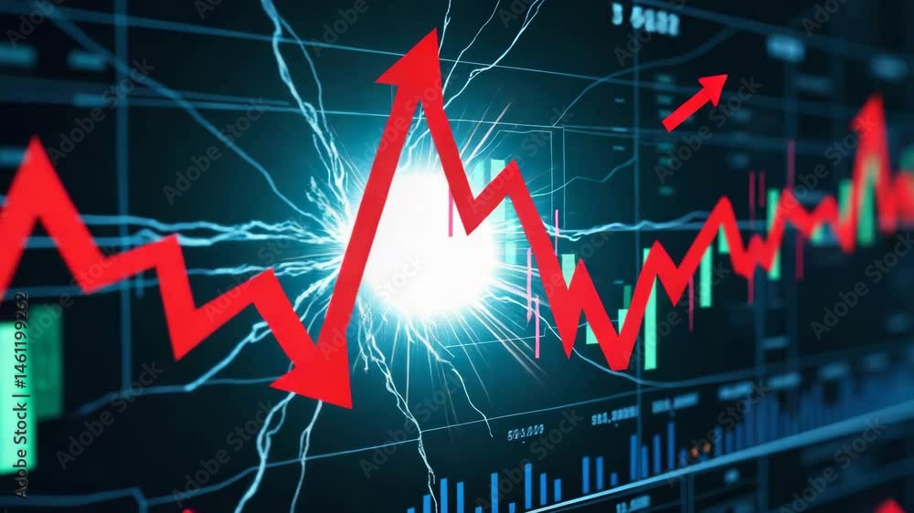 Poster a digital stock market graph with fluctuating lines and arrows indicating drastic changes in perform