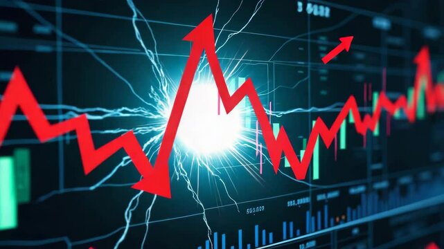 A digital stock market graph with fluctuating lines and arrows indicating drastic changes in performance.