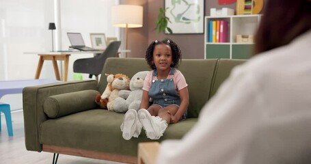 Talking, psychologist and woman with child, session or adhd with story, questions or help. Consulting, therapist and girl kid in therapy with counseling evaluation, development and assessment check