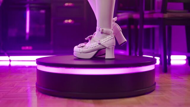 Anime maid cosplay lolita shoes turning on platform in kitchen 4K