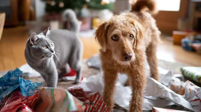 A joyful scene of a dog and cat amidst torn gift wrap, showcasing the playful antics of pets during the festive season. Their expressions capture the essence of curiosity and mischief.
