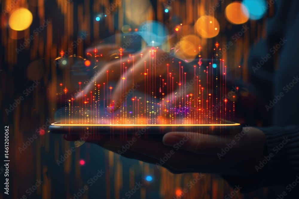 Poster dynamic hand gestures interacting with a vibrant digital display.