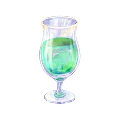 Elegant glass shot with green alcoholic drink, mojito flavor with lime, fresh and citrusy, perfect for summer cocktails, bar design or drink menu, watercolor clipart isolated on white