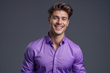 Fototapeta premium Confident Young Caucasian Man in Fashionable Purple Shirt on Chic Grey Background Displaying Joy and Style