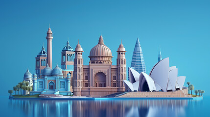 Obraz premium Architectural landmarks from around the world depicted in a colorful design