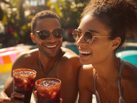 A stylish spring break poolside moment with attractive Hispanic couple relaxing and laughing together, holding black plastic michelada cups.