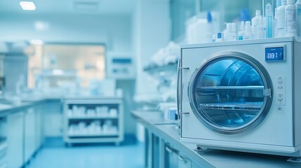 A compact sterilizer on the right, blurred pharma tools in background, open left 