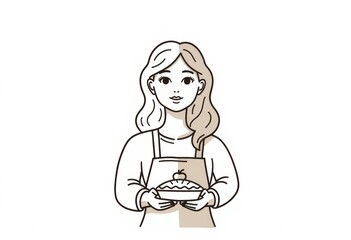 Girl smiling while holding apple pie in a simple line drawing  