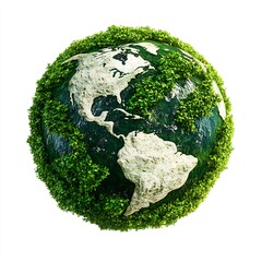 Earth globe covered with green foliage isolated on white background