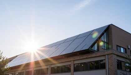 Fototapeta premium Solar panels on a modern building under bright sunlight.