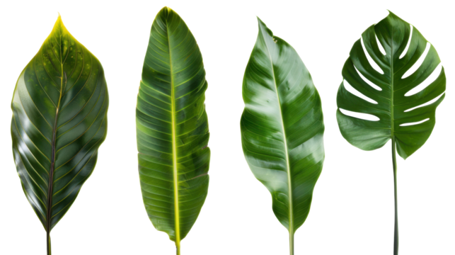 Vertical lineup of banana, calathea and monstera leaves isolated on white background for banners and print layouts.
